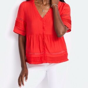 Bobeau Red Flutter Sleeve Blouse with Buttoned Pleats